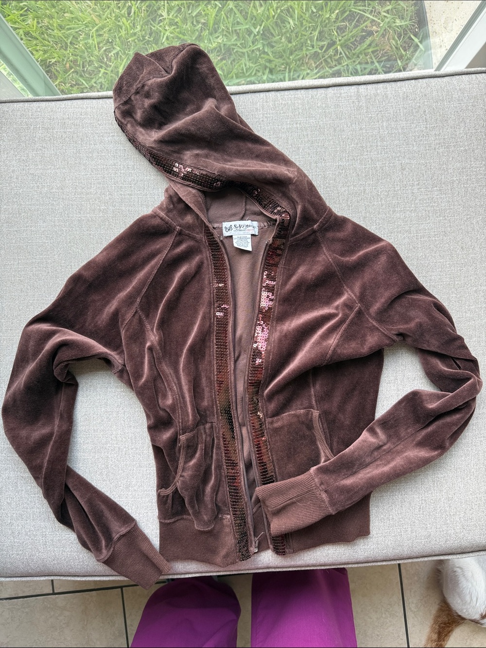 Self Esteem Brown Velour Zip Hoodie with Sequin Trim